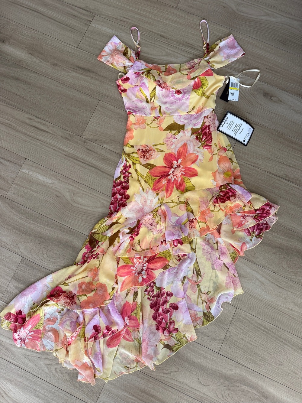 Yellow Floral Ruffle Maxi Dress with Pink & Coral Blooms